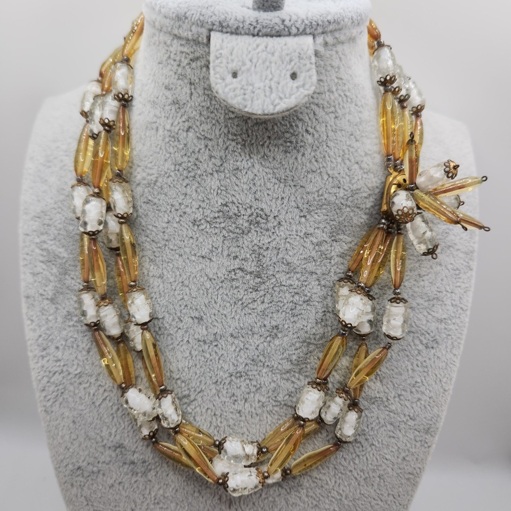 Vintage Art Glass Bead Necklace 4 Strand Amber White Hollywood Glam 16 Inch